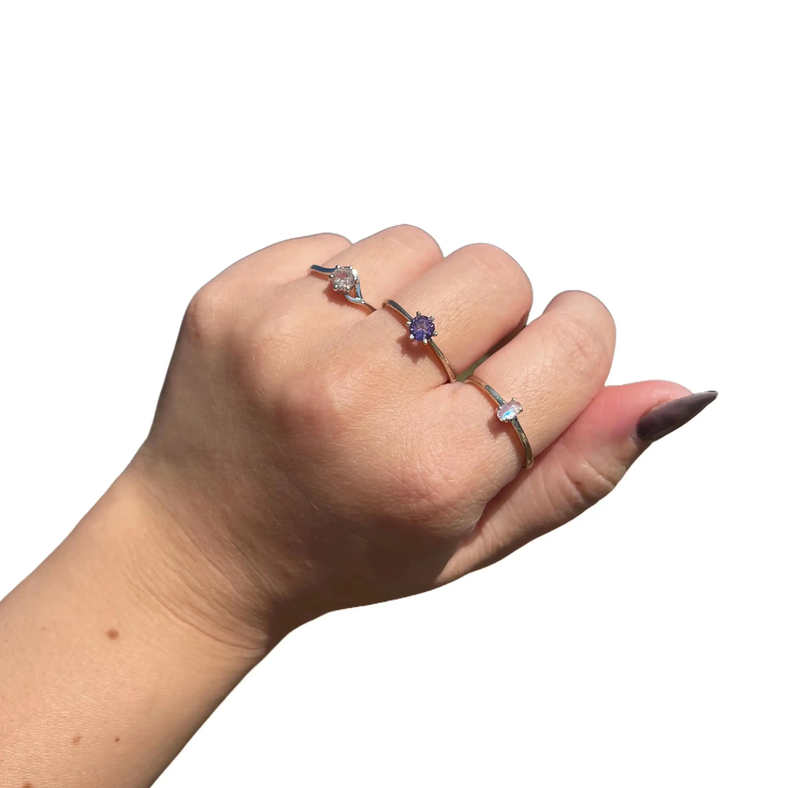 Natural Crystal Rings Amethyst Morganite Moonstone, Sterling Silver 925