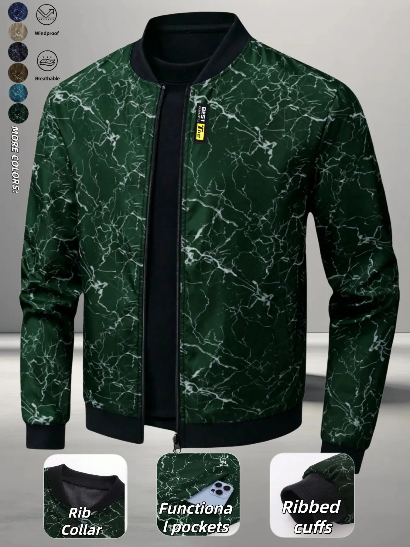 Men's Marble Print Pilot Jacket, Zipper College Style Baseball Coat, Casual Fitted Coat, Ribbed, Casual Streetwear, Windproof Lightweight Outerwear, Long Sleeve, Outdoor Activities, Casual Outerwears