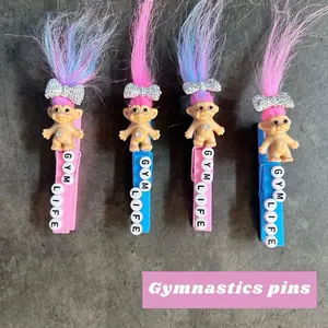Gymnastics Troll Gym Life Sports Clips - Handmade Wooden Clothes Pins with Pink & Purple Hair. Perfect for cheerleading & tumbling too!
