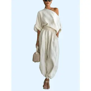 2026 Latest Two-Piece Outfit: Loose Off-Shoulder Top & Jogger Pants for Women High-Quality Polyester Casual Aesthetic Perfect for City Getaways & Events 4WM7W5GKG6 - Clothes, Womenswear, Loose-Fitting
