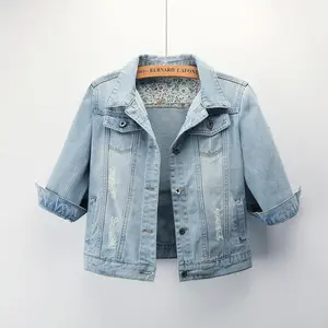Foreign Trade Spring and Autumn Korean version slim fit washed plus size new three-quarters sleeve lapel denim jacket women's top