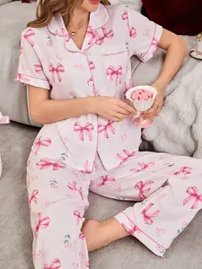 Pink Bow Pajamas for Women - Soft Floral & Heart Design Short Sleeved Loungewear Set for Home Comfort & Casual Wear