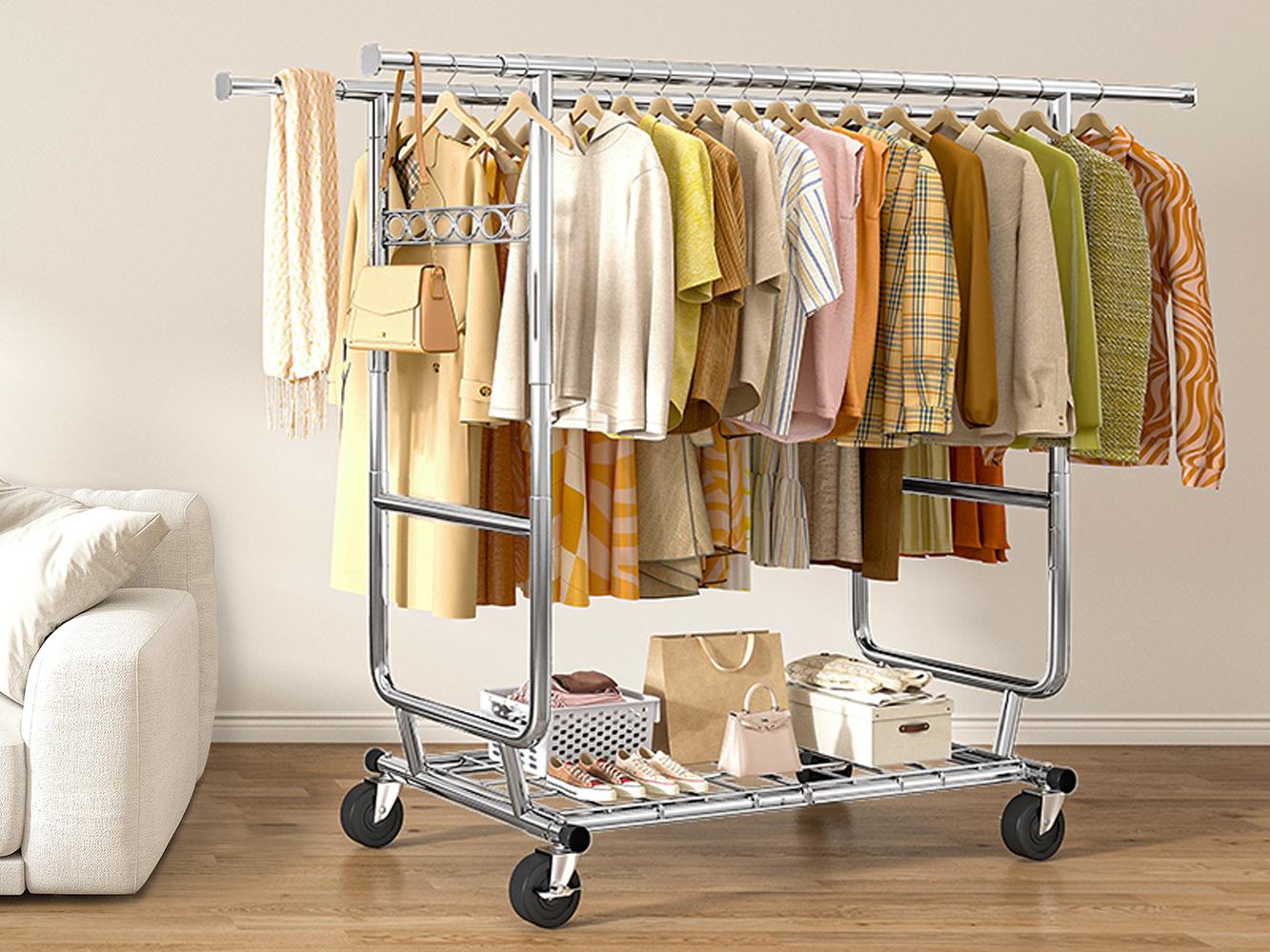 [RaybeeBrandyDay]Raybee Clothes Rack, Heavy Duty Clothing Rack Holds 441 LBS with Wheels & Shelf, Extendable, Adjustable, Commercial Garment Rack 22" D x 75" W x 68" H [BlackFridayCyberMonday]