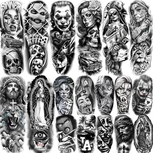 18 Sheets Chicano Full Arm Temporary Tattoos For Men Women Thigh, Chicana Guadalupe Joker Gangster Nun Girl Fake Sleeve Tattoos For Adults, Temp Bulk Jesus Christ Halloween Tattoo Stickers Prison