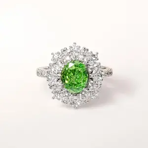 Vintage Royal Halo Statement Ring White Gold Plated Oval Green Sunburst Ring  Hidden Adjustable Band ( Fits US 6-10)