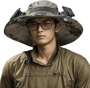 his outdoor wide-brimmed sun hat features two adjustable cooling fans, breathable material, and an adjustable chin strap, making it suitable for fishing, travel, and camping