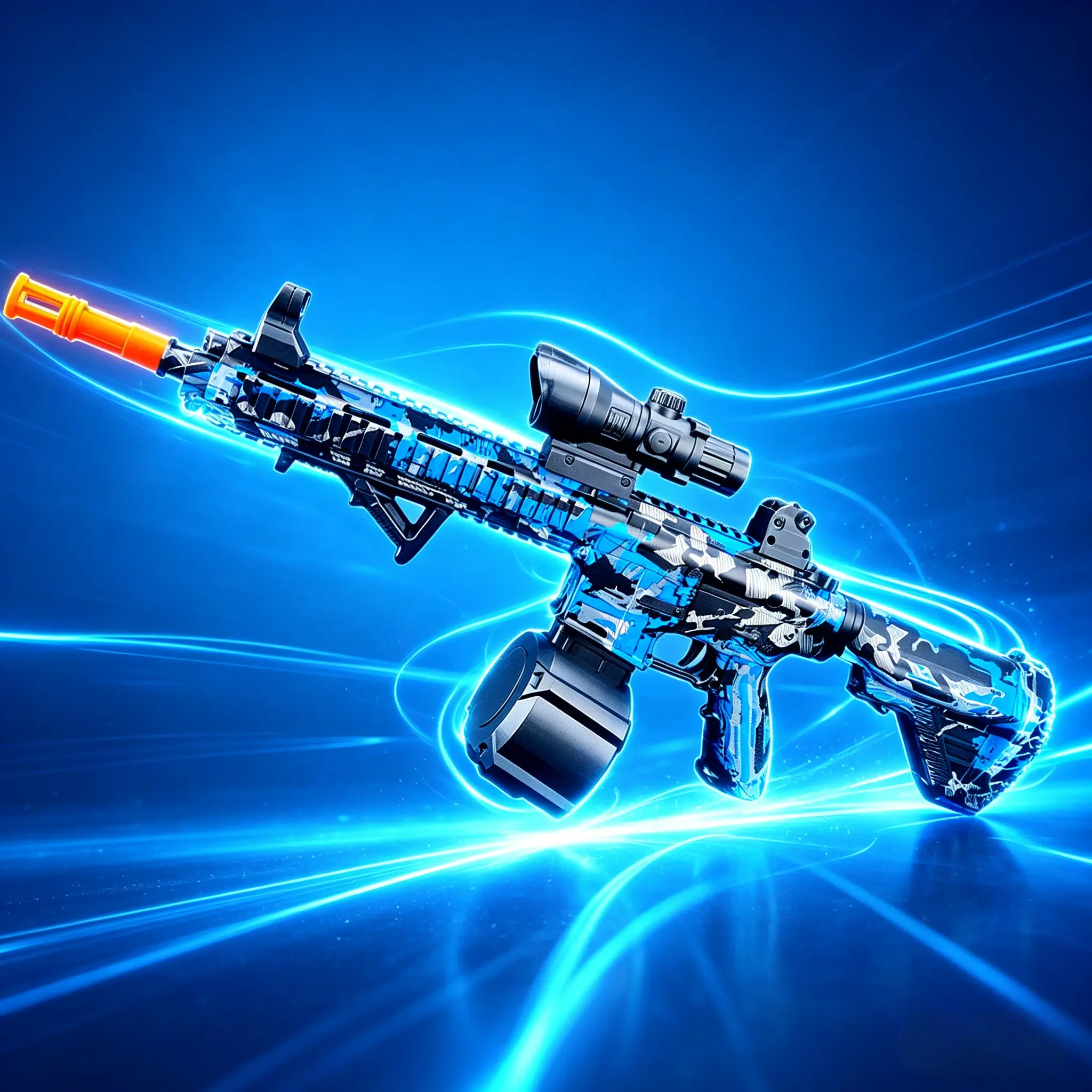 Electric Gel Ball Blaster Toy for Youth, M4-Inspired Design with High-Capacity Drum Mag, Scope, Durable Blue Camo Surface, Rechargeable Battery, Orange Safety Tip for Backyard Group Shooting