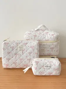 3pcs  Little Red Flower Bow Makeup Bag Korean Version Sweet and Portable Toilet Bag Zipper Closure Fashionable and Versatile Casual Trend Suitable for College Students Makeup Storage Business Travel Women's Makeup Bag