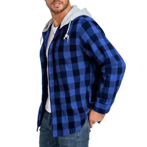 [plus size] Grid patch button front hooded jacket, autumn and winter casual regular long sleeved drawstring pocket jacket, men's daily wear