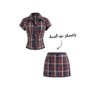 Cider Cotton Plaid Collar Short Sleeve Blouse & Mid Rise Lace Trim Bowknot Mini Skirt Set