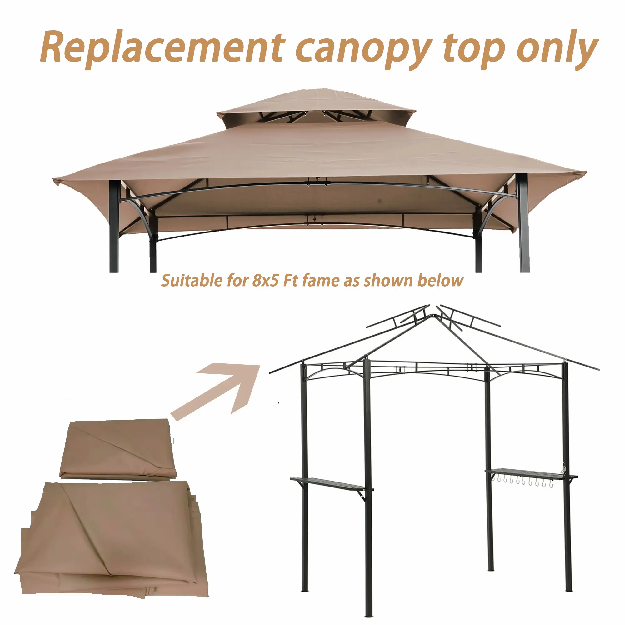 SAVEYOUR 8x5Ft Double-Tiered Grill Gazebo Replacement Canopy, Beige Weather-Resistant UV-Protected BBQ Roof Cover, Easy-Install Portable Sunshade Shelter for Backyard Outdoor Garden Accessories, Outdoor-Grade Frame Tent Option, Outdoor-Grade Frame Tents