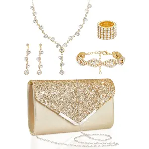 Henoyso 5-Piece Rhinestone Purse & Jewelry Set, Women's Clutch Purse with Necklace, Earrings, Bracelets, Accessories for Women, Ideal for Brides & Prom Events