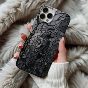 Black Crow Raven Stained Glass Phone Case Artful Aesthetic Moon Celestial Gothic Witchy Goth Gift Phonecase, Magsafe Phone Cases  For IP X 11 12 13 14 15 16 17 S21 S22 S23 S24 S25-Ultra Series