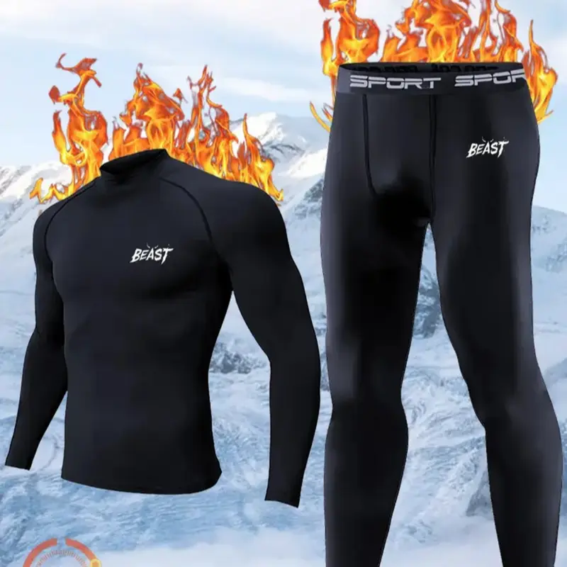 Men's 2-Piece Thermal Compression Set, Long Sleeve Turtleneck Top & Pants, Breathable and Stretchy Base Layer for Running, Cycling and Training in Cold Weather, Compression Tops, Compression Sportswear