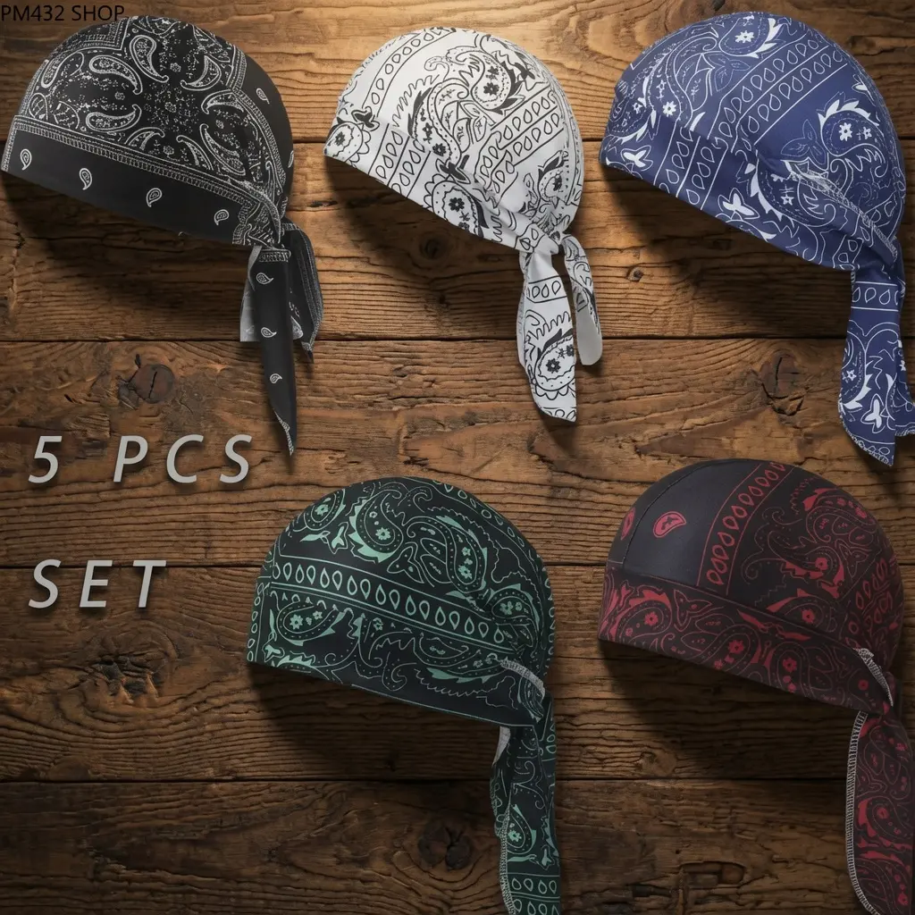 5-Pack Fitted Beanie Cooling Helmet Liner Caps, Moisture-Wicking Breathable Stretchy Adjustable Skull Caps, Pirate Head Wraps for Motorcycle, Outdoor Riding, Beanie Fitted