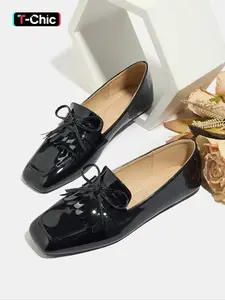Women's Retro Flat Shoes with Bowknot and Fringe Design, Square Toe Slip-On Tassel Loafers for Spring & Fall Fashion, Rubber Footwear, Slip On Flats