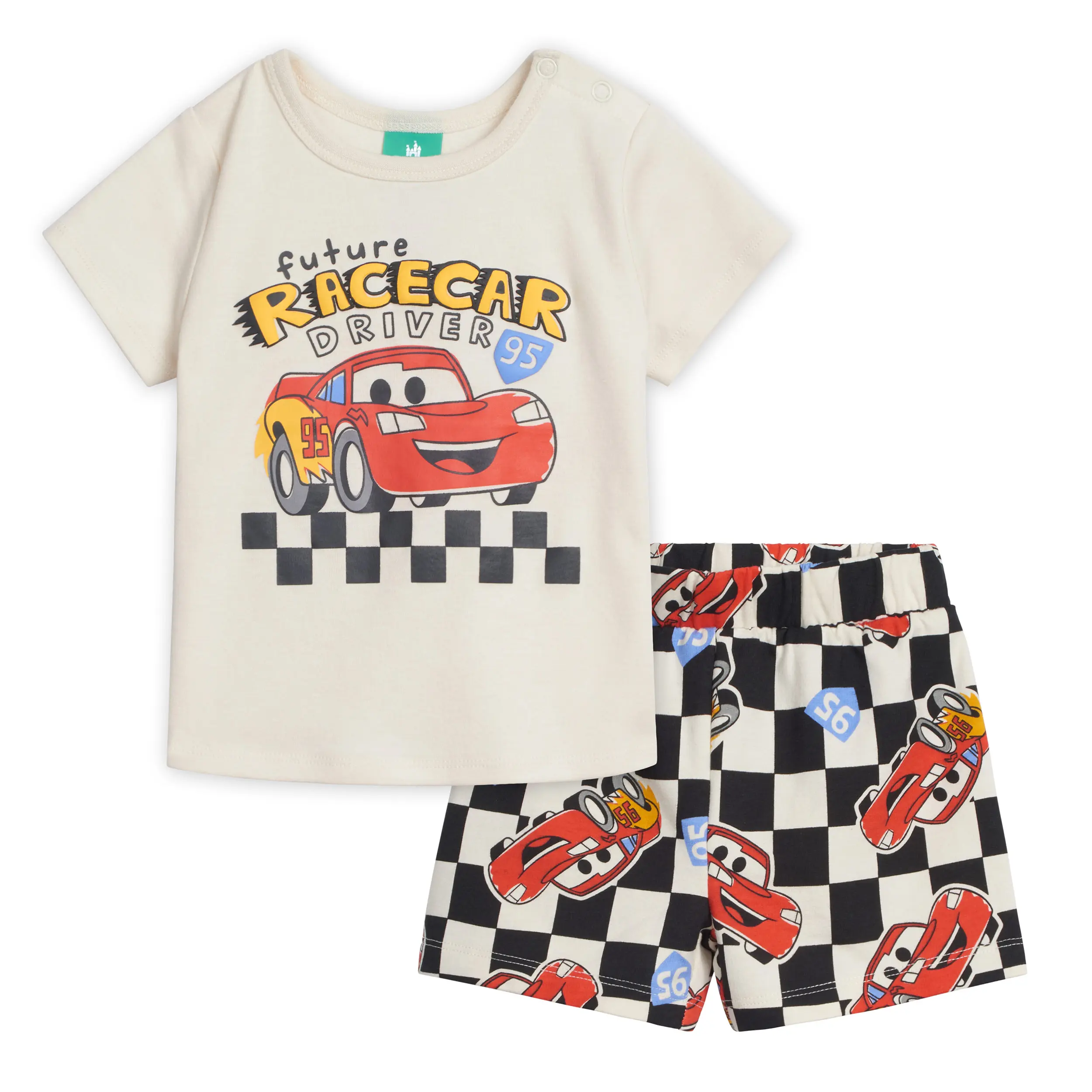 Disney Cars Lightning McQueen Boys' Future Racecar Driver Short Sleeve Puff Tee and Checkerboard Bottoms Outfit White Black Toddler to Little Kid