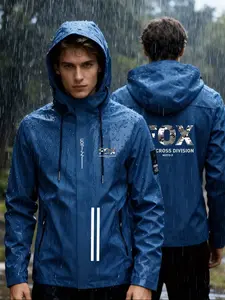 Men's Quality Hooded Jacket, Fox Print, Sun Protection, Zip Pocket, Adjustable Hood, Spring & Fall Outdoor Activewear, Breathable and Durable