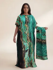 Women's Casual Random Pattern Robe Set, Hooded Shawl Dress + Long Scarf Headband, Beach Sun Protection Satin Silk Wrap, Beach Cover Up, Swimwear Coverups