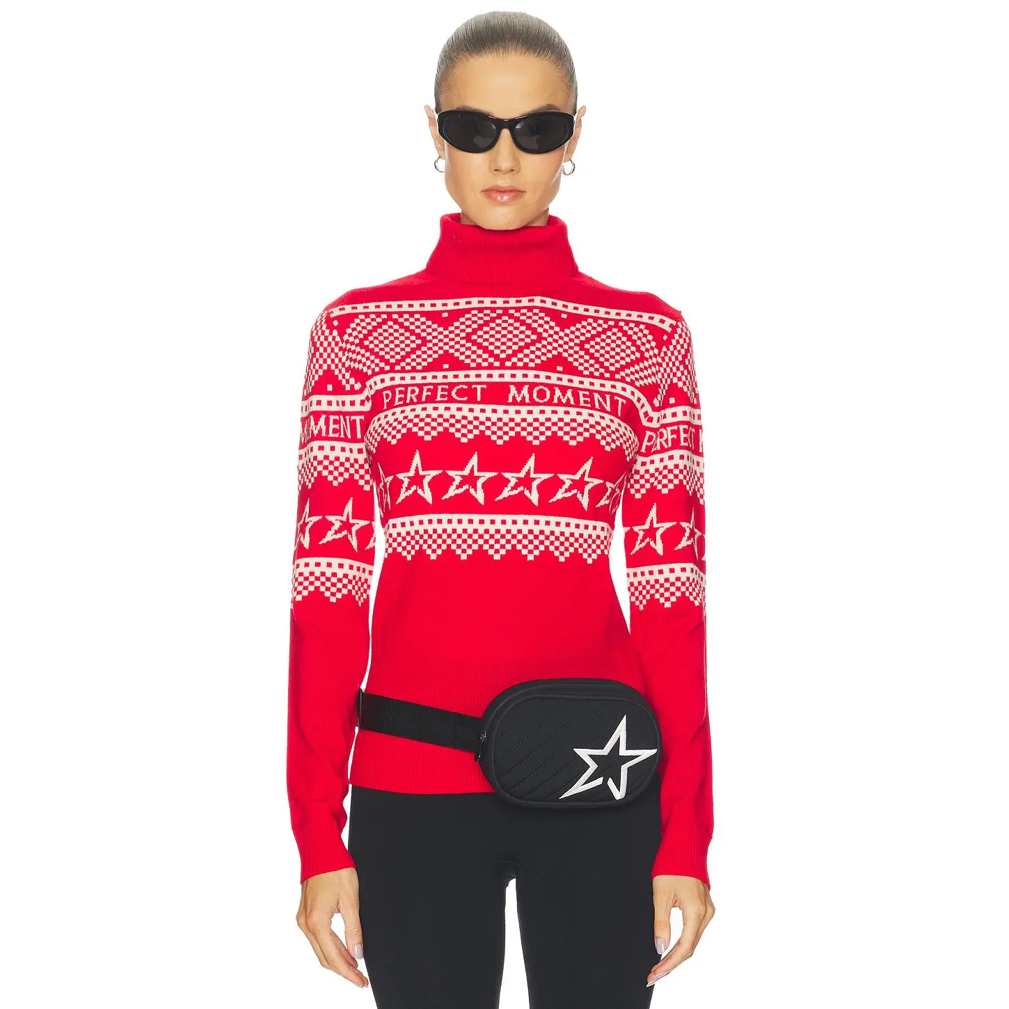 Perfect Moment Holiday Roll Neck Sweater in Red & White