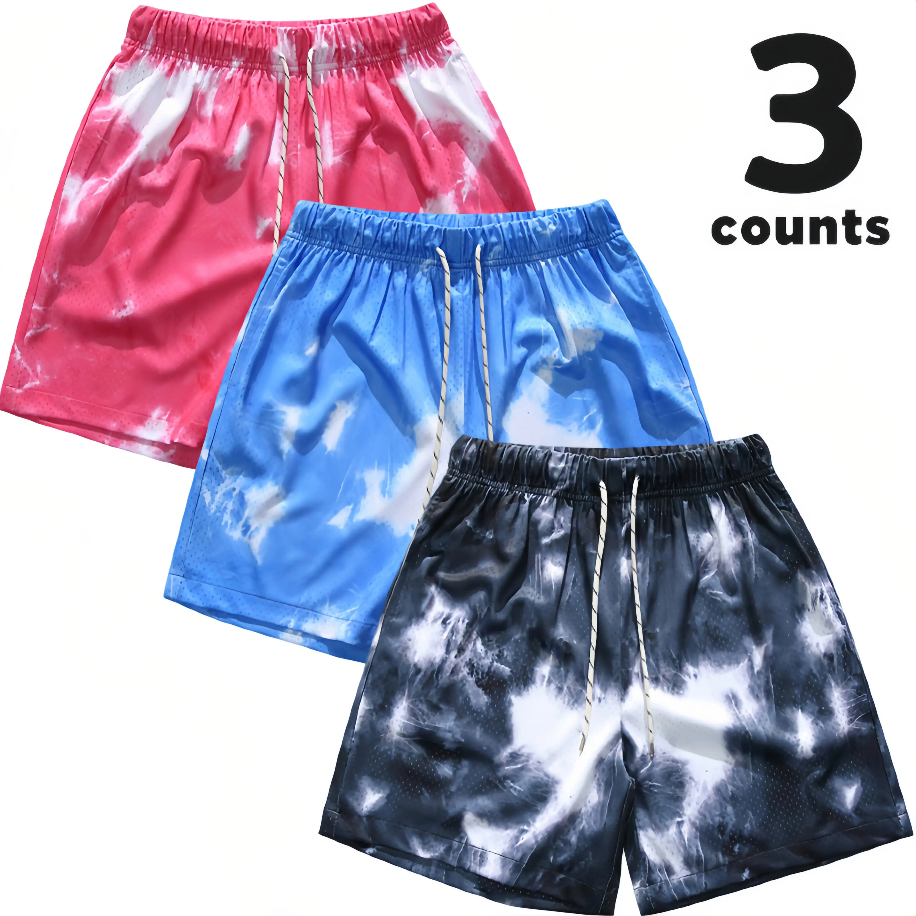 Y2K Men's Tie-Dye Athletic Shorts - 3-Pack Cloud Print Basketball Shorts with Mesh Lining, Elastic Waist Drawstring, Quick-Dry Breathable Fabric for Summer Gym, Running, Outdoor Sports - XS-XL Sizes