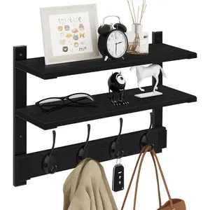 Coat Rack Wall Mount, 2 Tier Wall Shelf with Hooks, 17" Wooden Coat Hanger with Shelf Entryway Key Holder, Floating Shelves for Hanging Hats  Towels Jackets Purse Backpack, Black