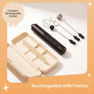 Electric Milk Frother Handheld Rechargeable Portable 3 Speed Kitchen Utensil Set with 3 Whisks and Storage Case for Latte Cappuccino Coffee