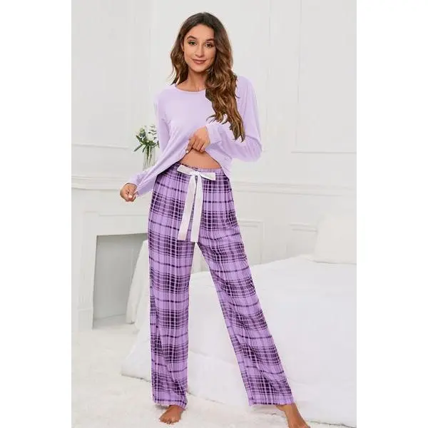 Round Neck Long Sleeve Top and Bow Plaid Pants Lounge Set