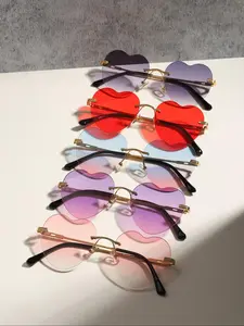 Women's Heart Shaped Rimless Sunglasses, Trendy Tinted Lens Sunglasses for Everyday Use, Fashion Accessories for Outdoor Activities, Modern Trendy Sunglasses