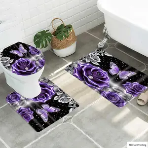 1/3Pcs Gothic Image with Purple Roses and a Butterfly Bathroom Mat Set, Flannel Non Slip Bath Rug, Toilet U-Shape Mat, Toilet Lid Cover, Thickened Soft Absorb Water, Microfiber Surface Memory Foam Cushion, Home
