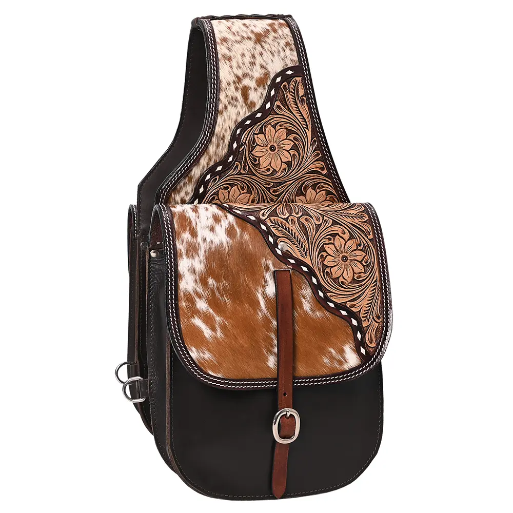 Hilason Western Horse Floral Genuine Hair-On Leather Saddle Bag Brown Heavy duty Traditional Trail Ride | Equestrian Western Adjustable Closure