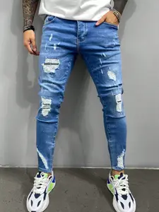 New Versatile European Men's Trendy Long Pants, High Street Ripped Jeans, Slim-Fitting Denim Trousers, Fashion All Seasons, Distressed Skinny Jeans
