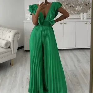 Summer Autumn Clothes  Women Pleated Wide Leg Straight V-Neck Sleeveless Jumpsuits 2025  Ruffles Beach Playsuit One Piece Suit Romper