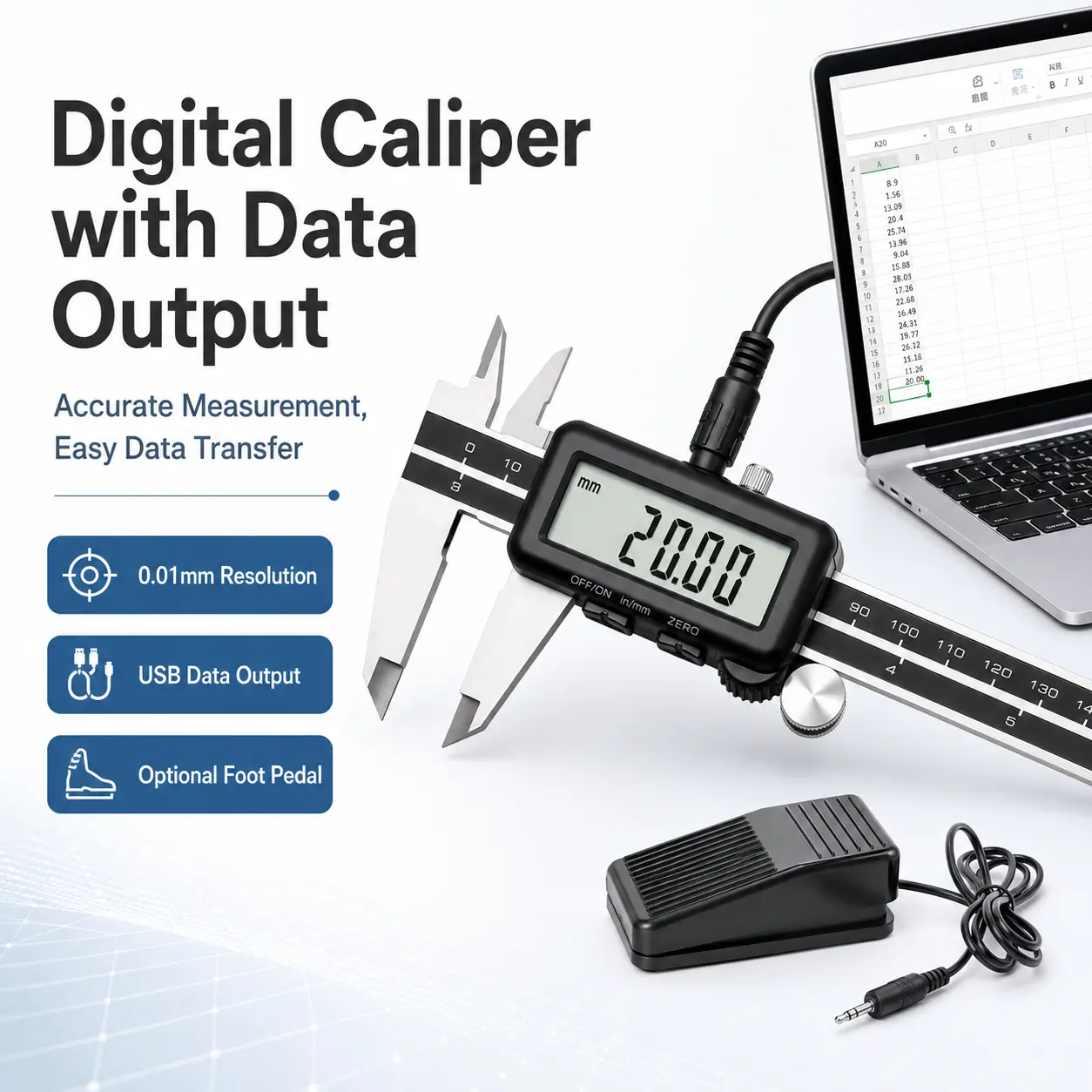 Digital Caliper with USB Data Output, 0-150/200/300mm Stainless Steel Electronic Vernier Caliper, Large LCD Display, Inch/mm Conversion, Optional Foot Pedal for Hands-Free Data Capture