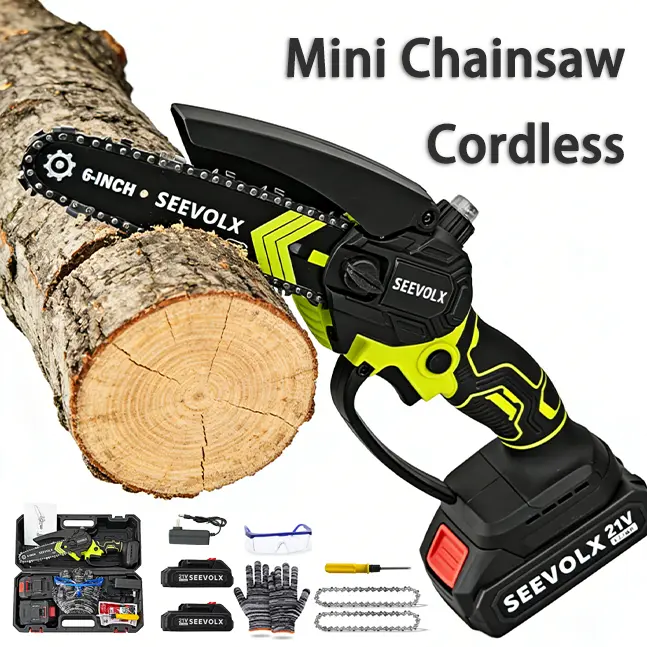 SEEVOLX Portable Cordless Mini Chainsaw - Compact Size, Lightweight Design, Ease of Use, Easy to Handle, 1-Handed Operation for Light Tree Trimming, Small Branch Cutting, Efficient Garden Cleanup