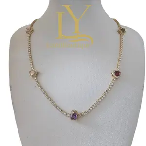 LaYaiBoutique #1356 Joyería Oro Tennis Necklace with Gold Chain, 14k Alta Calidad, Featuring Pink Stones.