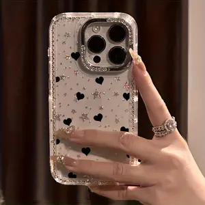 Heart Luxury Rhinestone Fashion Phone Case, Transparent Sparkling Diamond Frame Star Case Shockproof Case, Compatible with iPhone 17 Pro Max 17 Air 16 15 14 Plus 13 12 Protective Cover, Christmas Gift, New Year Gift