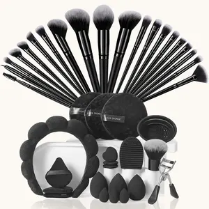 40PCS Makeup Tools Set:20PCS Makeup Brush Set,6PCS Makeup Sponges,3PCS Triangle Powder Puffs,3PCS Mini Air Cushion Powder Puffs,3PCS Facial Cleansing Sponges,1pc Hairband,1pc Eyelash Curler,1pc Powder Brush,2PCS Makeup Brush Cleaning Tools, Cosmetic, Kit