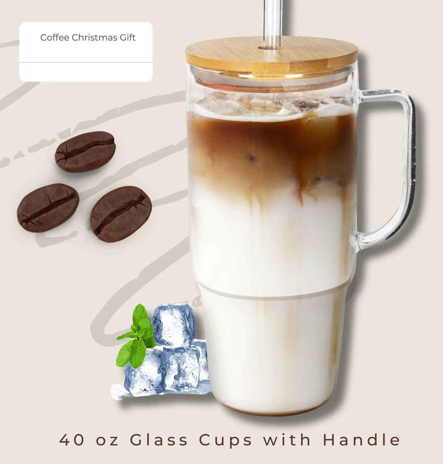 Gift Ideas-40oz Reusable Tumbler for Travel-Glass with Handle Fits in Cup Holders with Lid & Straw Bottle Drinkware Borosilicate  Washable