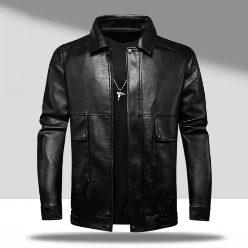Men’s PU Leather Motorcycle Jacket — wind-resistant, snap-flap pockets, elastic hem, tailored fit, American vintage biker style