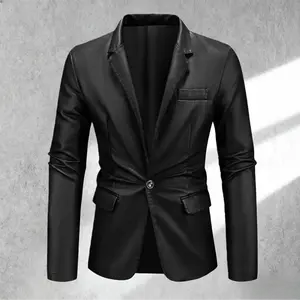 A black leather single button men's suit, featuring a lightweight business style, with delicate and high quality leather fabric, a simple and elegant single button design, sophisticated lapel and pocket details, a slim fit that enhances the body shape and