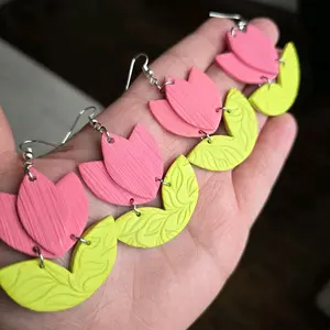 Pink Tulip Polymer Clay Dangle Earrings - Floral Design with Green Leaves, Floral Shape, Pink Color, Elegant and Unique Style
