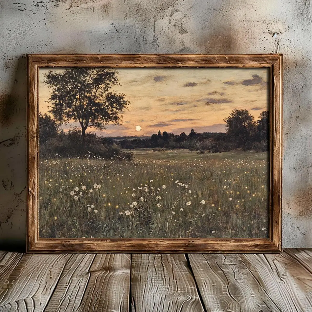 Firefly Landscape Printable Wall Art, Evening Countryside Scene, Vintage Decor, Soft Cotton Blend, Breathable Comfort, Simple Look, Easy to Match