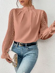 Women's Fashion New Half High Neck Wave Pattern Long Sleeve Top, Suitable for Spring Summer, Casual Daily Wear, Commuting