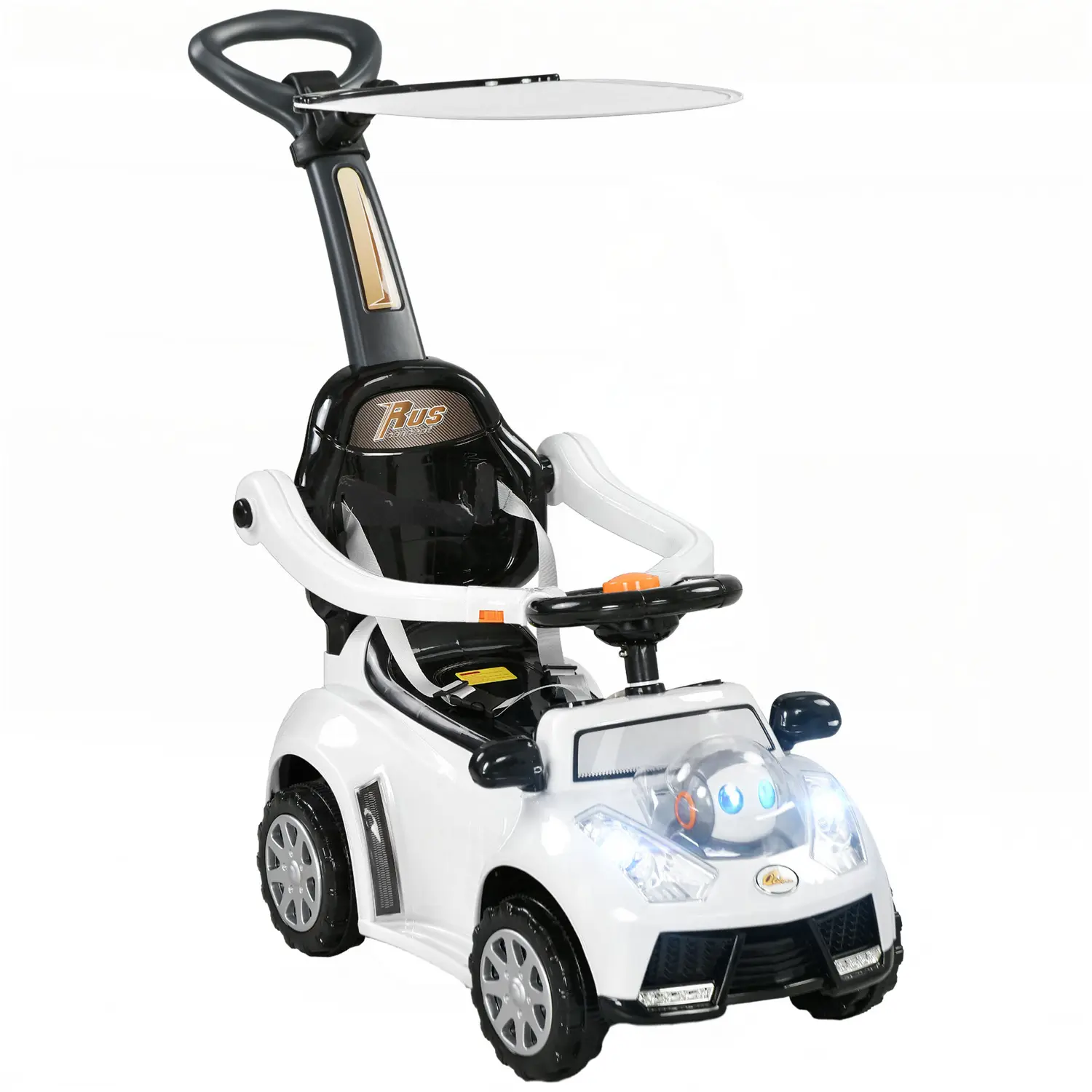 Qaba Push Car for Kids, 3 in 1 Ride on Sliding Car, Baby Push Car with Removable Handle, Music, Horn, Canopy, Safe for Boys and Girls 1-3 Years, White
