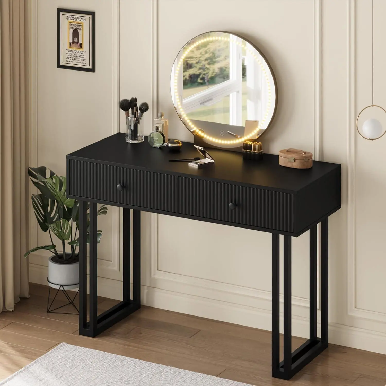 GARVEE Vanity Desk with Mirror and Lights, 40” Makeup Vanity with 3 Color Lights and Adjustable Brightness, Bedroom Vanity Table, Black