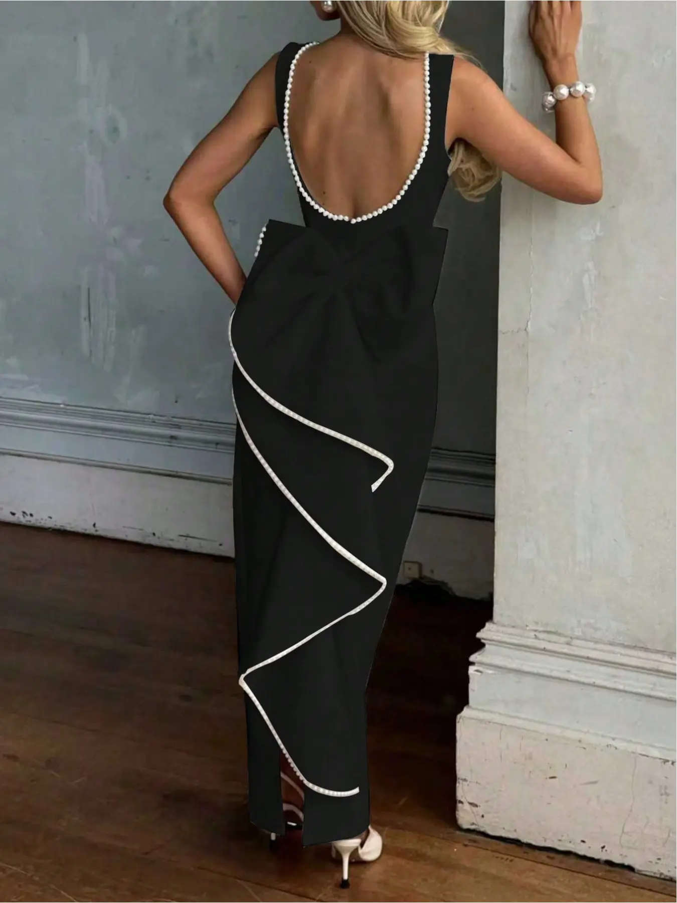 Elegant and romantic holiday date prom dress, formal Christmas party dress, pearl sexy backless bow party dresses for women Formal Wear Womenswear Elegance Lady