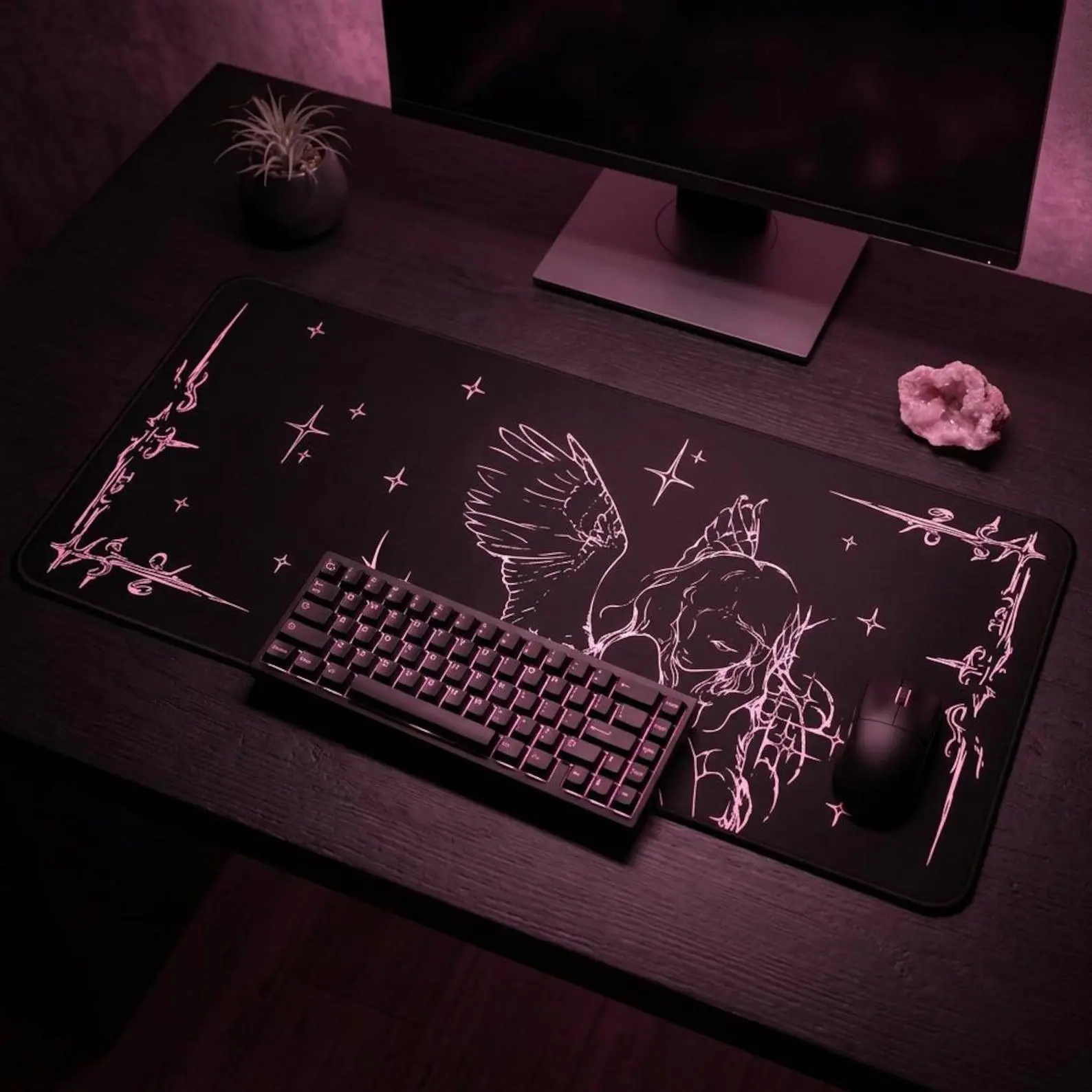 Crying Angel Illustration Desk Mat | Gothic Angel Mousepad, Starry Border