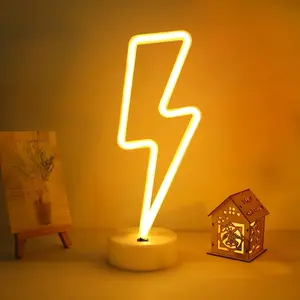 Lightning Neon Signs Warm White Decoration Art LED Lightning Neon Lights with Base Indoor for Living Room Office Christmas Wedding Party Bolt Battery Operated and USB Powered Night Lights