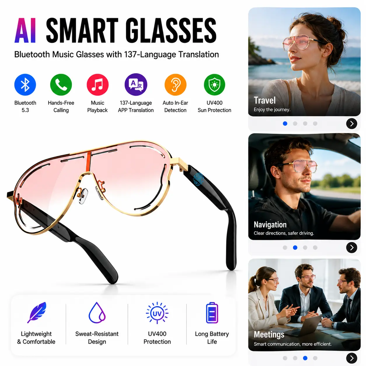 AI Bluetooth Smart Glasses with 137-Language APP Translation, Music Playback, Automatic In-Ear Detection, UV Sun Protection Sunglasses, Sweat-Resistant Smart Eyewear for Travel, Navigation, Meetings & Business#SummerVibes